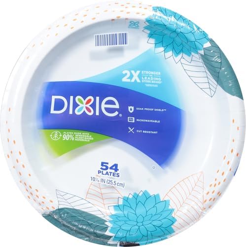 Dixie Large Paper Plates, 10 Inch, 54 Count (Pack of 2), 2X Stronger*, Microwave-Safe, Soak-Proof, Cut Resistant, Disposable Plates for Everyday Breakfast, Lunch, & Dinner Meals