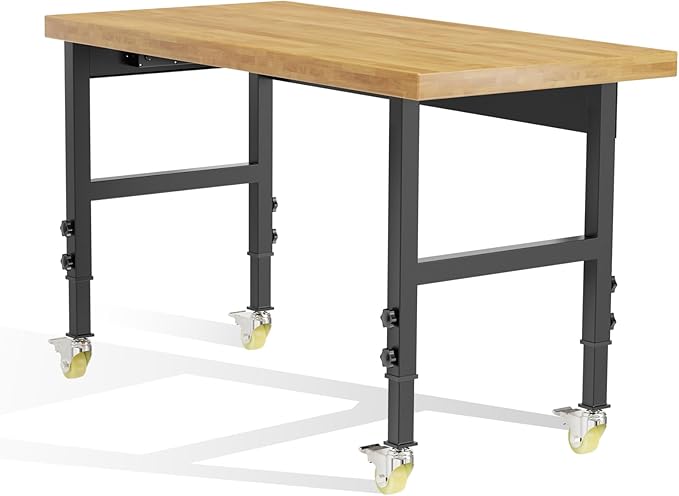 48” Heavy-Duty Solid Wood Work Bench Work Table with Wheels, Adjustable Height Portable Workbench with Power Outlets, 3000 Lbs Capacity Workstation for Garage, Workshop, Office