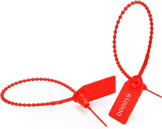 50pcs Plastic Security Tamper Seals Shipping Tags Disposable Signage Numbered Pull Tight Padlock Safety Self-Locking Seal Ties Tag, Red