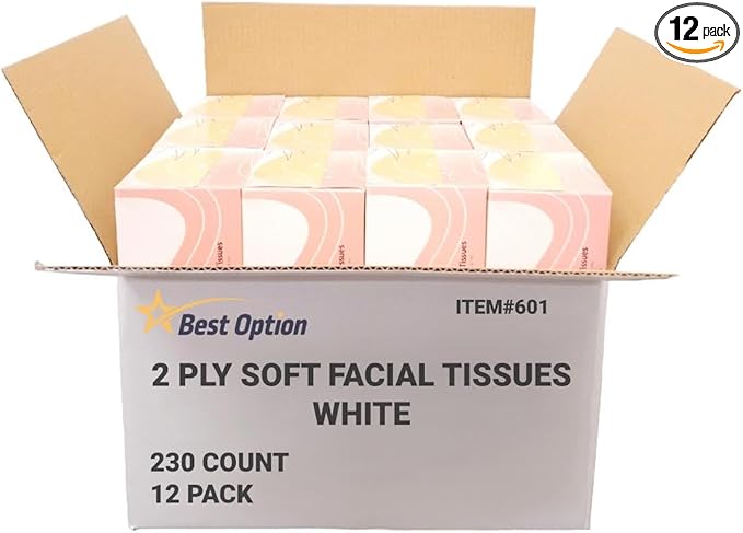 Soft 2-Ply Facial Tissue, White, 230-Count Box | Professional, Gentle and Durable | Great for Bathroom, Office, Business, School (2,760 Tissues, Bulk Pack of 12-Boxes)