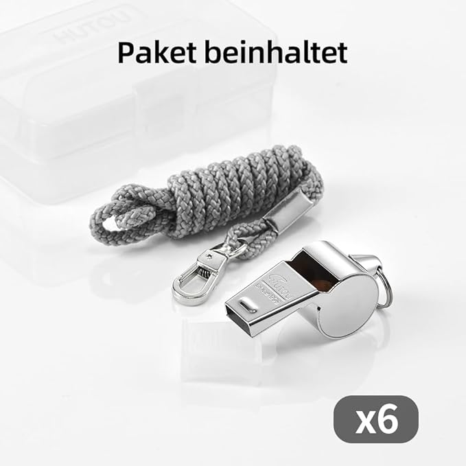 HUTOU Whistle, 6 Packs Stainless Steel Coach Sports Whistle with Lanyard, Loud Crisp Sound Whistle Ideal for Coaches, Referees, and Officials