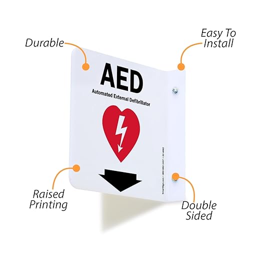SmartSign (2-Pack) AED Projecting Sign - 6" x 6", Two-Sided Wall Mount Polished Acrylic Hallway Sign with Down Arrow, Red, Black and White