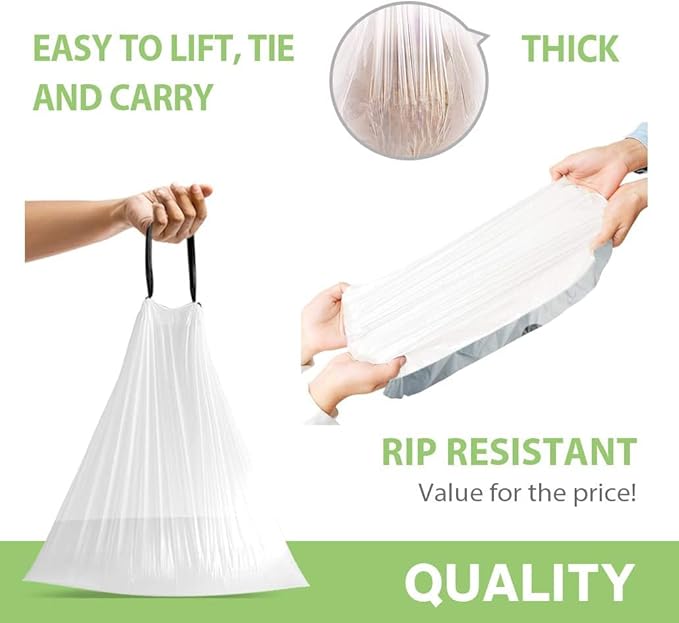 4 Gallon 140 Counts Strong Drawstring Trash Bags Garbage Bags by Teivio, Bathroom Trash Can Bin Liners, Small Plastic Bags for home office kitchen, White