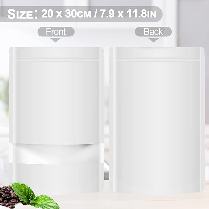 100 Pack Smell Mylar Proof Bags for Food Storage, Resealable Packaging Bag for Small Business, Stand Up Foil Pouches Reusable Heat Sealable Bags with Clear Window (White,7.8x11.8 In)
