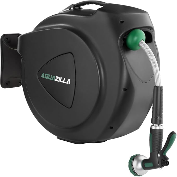 Retractable Garden Hose Reel, 120Ft x 1/2" Durable Wall Mounted Water Hose Reel with 180¡ãSwivel Bracket, 9 Pattern Sprayer, 6Ft leader hose, Smooth Automatic Rewind, Any Length Lock.