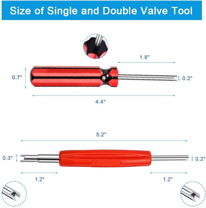 Riseuvo 6Pcs Tire Valve Stem Removal Tool - Single and Double Heads Valve Core Remover, 4-Way Valve Tool Great Tire Repair Tool, 10pcs Valve Stem Caps, 20pcs Valve Stem Core