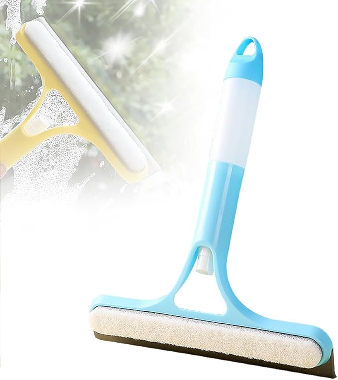 3 in 1 Window Cleaning Scraper, 2025 New Squeegee for Shower Glass, 3 in 1 Spray Function for Glass Doors for Windows Glass, Mirrors Scraper, Brush. All-Purpose Window Cleaner Tool (Blue)