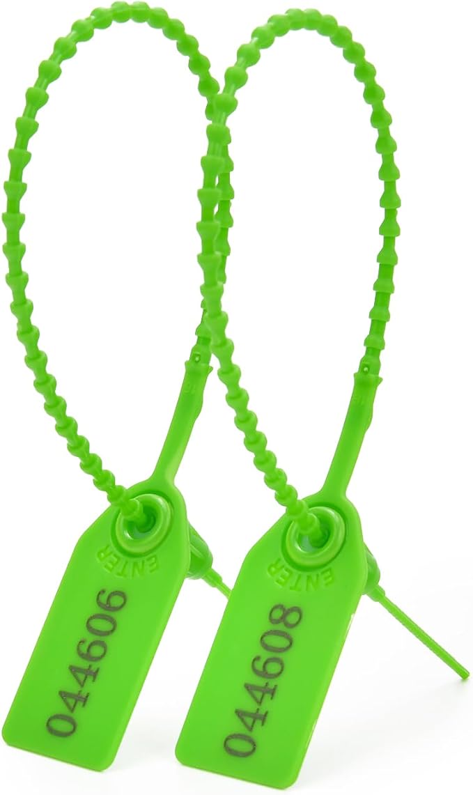 200pcs Plastic Security Tamper Seals Shipping Tags Disposable Signage Numbered Pull Tight Padlock Safety Self-Locking Seal Ties Tag, Green