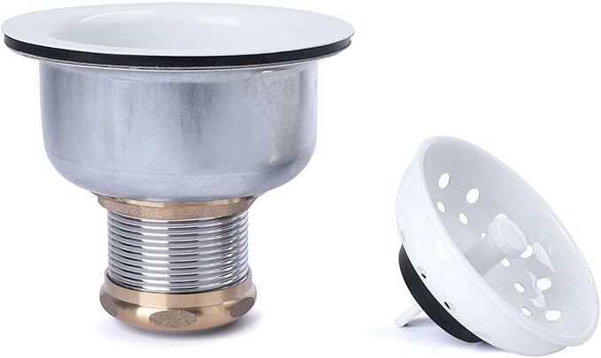 3-1/2 Deep Cup Kitchen Sink Drain Assembly, 304 Stainless Steel Construction With Fixed Post Basket and Long Extended Shank/CAS Approved and White Finish