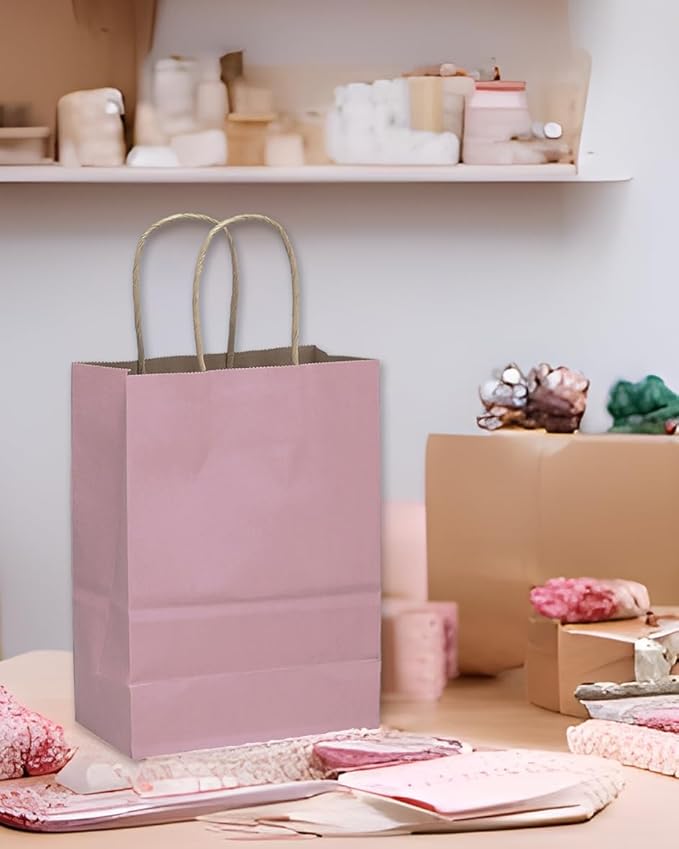 qiqee 32-Packs Light Pink Paper Gift Bags with Handles Bulk 8.26"×6"×3.15" Small Size Gift Bags Multiple Uses（Small Size）