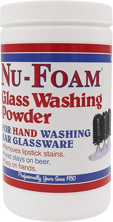 Nu-Foam Glass Washing Powder - Detergent for Bar Glassware – Original Streak-Free Solution - Hand Washing Bar, Tavern, Brewery Supplies - Concentrated 2 Lb Jar