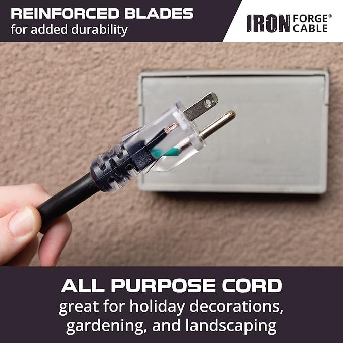 Iron Forge Cable 50 ft Lighted Outdoor Extension Cord - 10/3 SJTW Heavy Duty Black Extension Cable with 3 Prong 15 AMP Grounded Plug for Safety