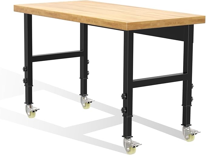 48” Solid Wood Work Bench Work Table, Heavy-Duty Adjustable Workbench with Wheels, 3000 Lbs Capacity Tool Bench Workstation for Garage, Workshop