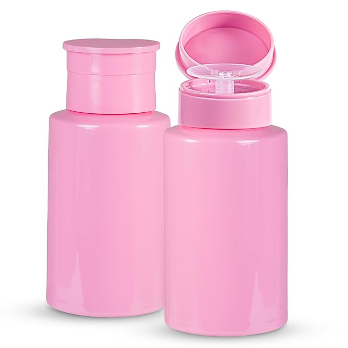 2 Pack Pink Push Down Pump Dispenser - Nail Polish Remover Pump Empty Refillable Bottle Containers for Makeup Remover Micellar Water Facial Toner, 200ml 6.7oz