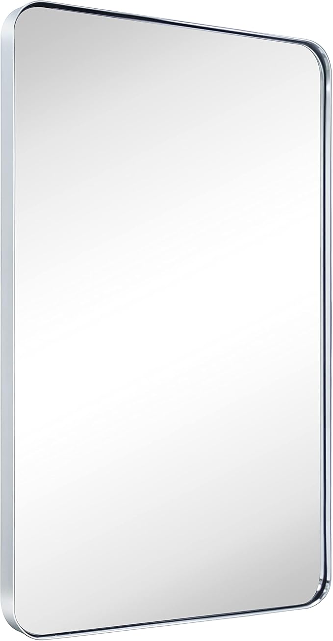 GRACTO 24x36'' Chrome Metal Framed Bathroom Mirror for Wall in Stainless Steel Rounded Rectangular Bathroom Vanity Mirrors Wall Mounted
