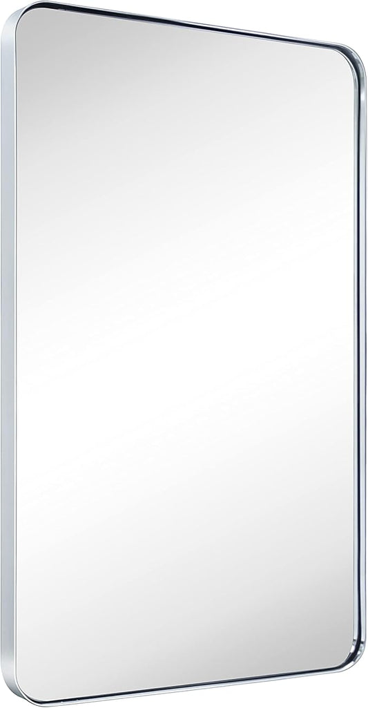 GRACTO 24x36'' Chrome Metal Framed Bathroom Mirror for Wall in Stainless Steel Rounded Rectangular Bathroom Vanity Mirrors Wall Mounted