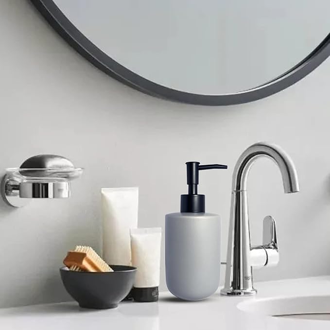 Gray Soap Dispenser with Matte Black Pump for Bathroom,Minimalist Modern Design Cylindrical Lotion Dispenser,12oz Ceramic Hand Dish Soap Dispenser,Refillable Liquid Dispenser for Kitchen (Gray)