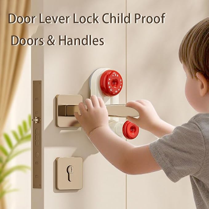 Child Pet Safety Door Lever Lock, Adjustable Handle Protection, Red Yellow Color,for Home Security