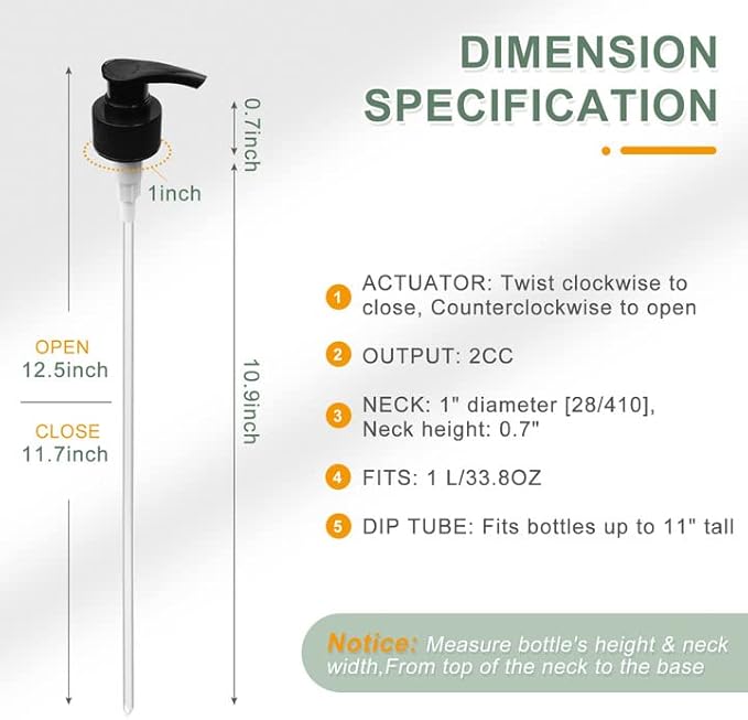 Liter Pump Dispenser, Universal 28/410 Balck Pump Lid Top Replacement Fits Most 1 Liter (33.8oz) Bottles for Sanitizer, Lotion, Shampoo (6 Pack)