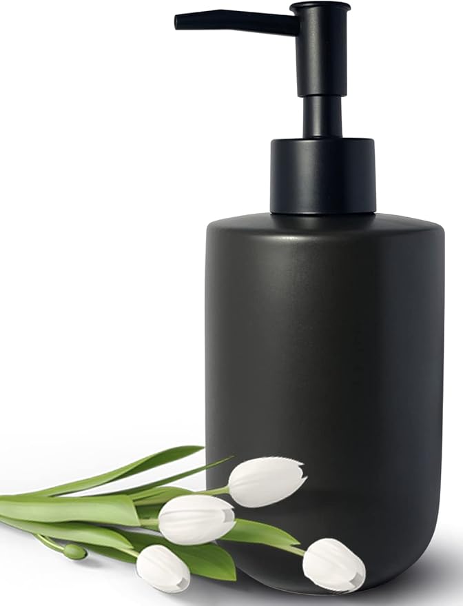 Black Soap Dispenser for Bathroom,Minimalist Modern Design Cylindrical Lotion Dispenser,12oz Ceramic Hand Dish Soap Dispenser,Refillable Liquid Dispenser for Kitchen,Matte Black Pump(Black)