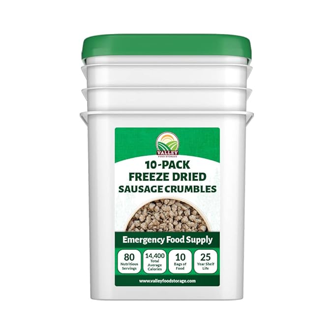 Freeze Dried Sausage Crumbles 10-Bag Bucket, 85 Oz | Premium Emergency Food Supply 25 Year Shelf Life | Prepper Supplies, Survival Food, Off Grid Living Supplies | Valley Food Storage Packaged in USA
