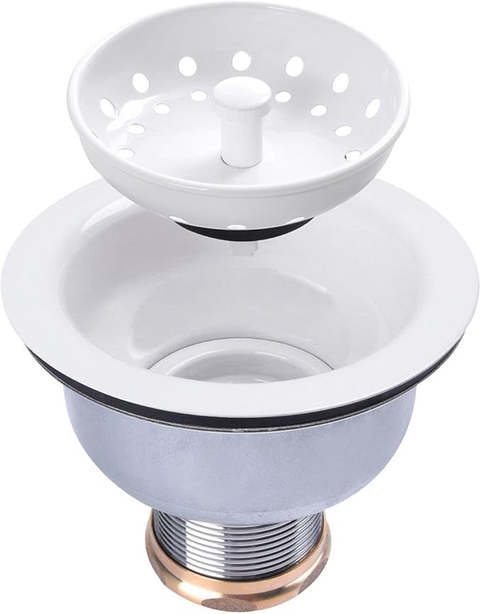 3-1/2 Deep Cup Kitchen Sink Drain Assembly, 304 Stainless Steel Construction With Fixed Post Basket and Long Extended Shank/CAS Approved and White Finish