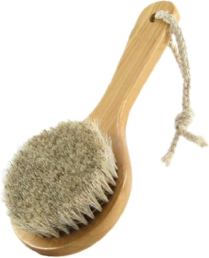 7.87” Short Handle Dry Bath Body Brush Scrubber, Wood Handle Soft Horsehair Mane Natural Bristles Shower Brush, Good for Cellulite, Detox, Exfoliating, Blood Circulation, etc.