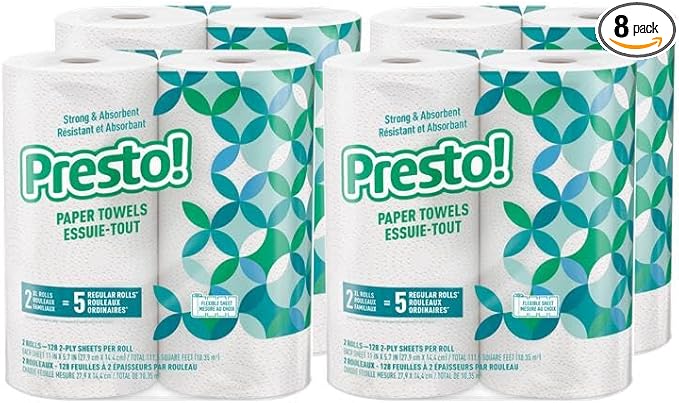 Amazon Brand - Presto! Kitchen Paper Towels - Flex-a-Size, 128 Sheet Family Roll, 8 Rolls (4 Packs of 2), White