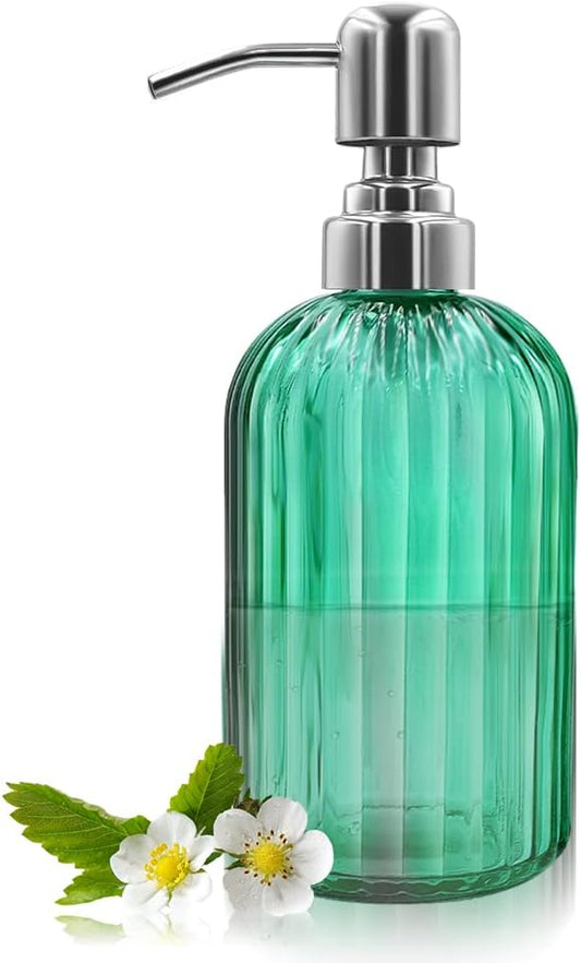 14 Oz Glass Soap Dispenser with 304 Rust Proof Stainless Steel Pump, Refillable Hand Liquid Soap Dispenser for Bathroom, Kitchen, Countertop, Laundry Room (Green)