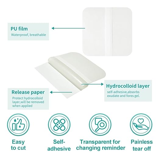 Dimora Hydrocolloid Dressing 4" x 4" for Wound Care, 10 Pcs Large Patch Bandages with Self-Adhesive for Bedsore, Burn, Blister, Acne Care, Super Absorbent for Fast Healing