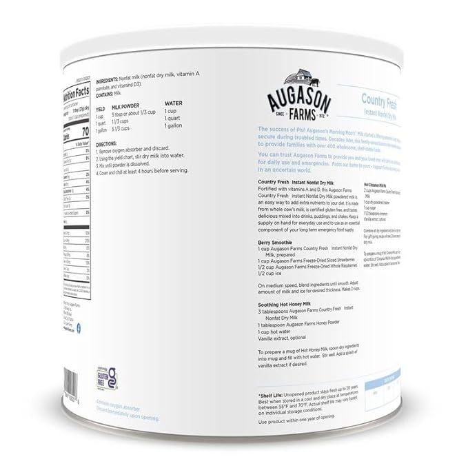 Country Fresh Instant Nonfat Dry Milk Powder, 39 Servings, 20 Year Shelf Life, Gluten Free - Canned Vitamin-Fortified Nonfat Milk Powder for Baking and Emergency Food Supplies