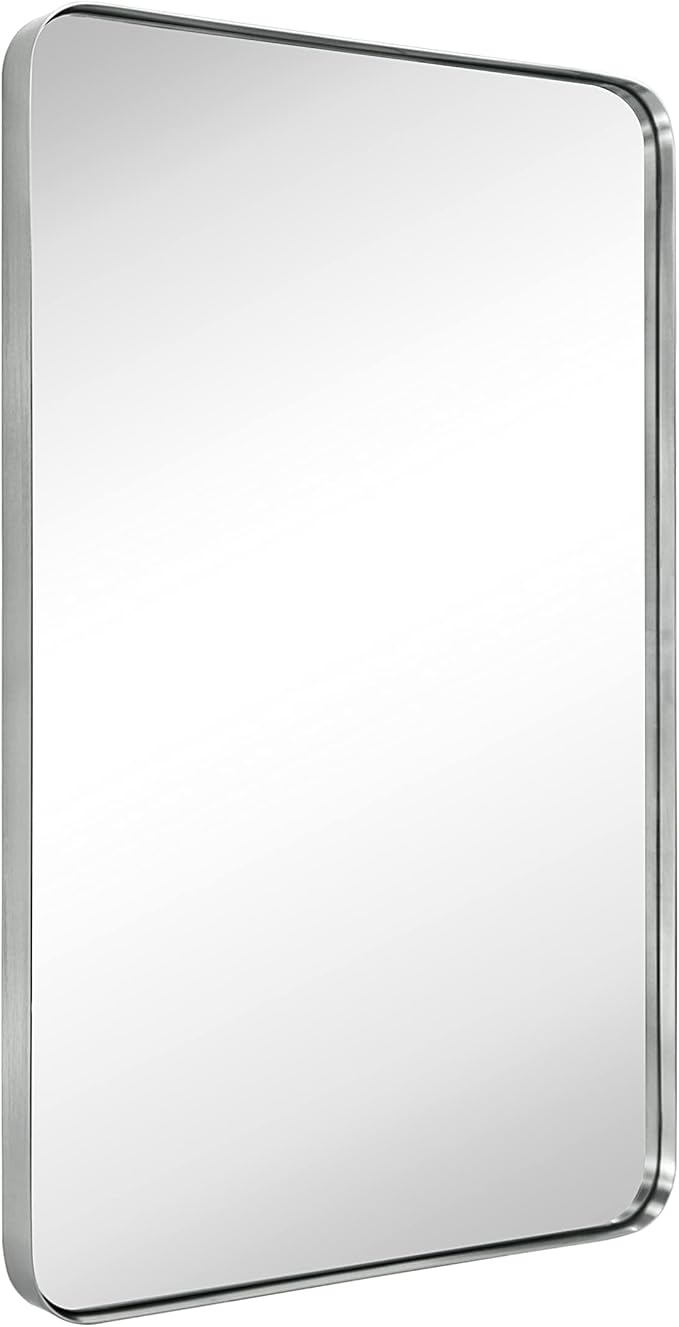 GRACTO 20x30 inch Brushed Nickel Stainless Steel Metal Framed Bathroom Mirror for Wall Mounted Rounded Rectangular Bathroom Vanity Mirror