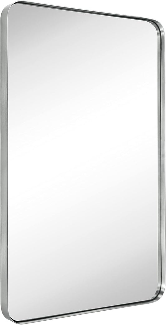 GRACTO 20x30 inch Brushed Nickel Stainless Steel Metal Framed Bathroom Mirror for Wall Mounted Rounded Rectangular Bathroom Vanity Mirror