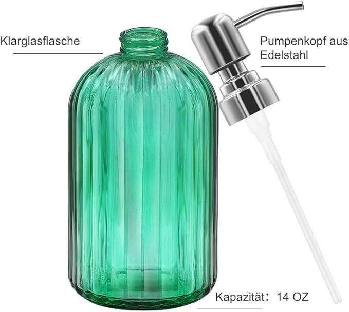 14 Oz Glass Soap Dispenser with 304 Rust Proof Stainless Steel Pump, Refillable Hand Liquid Soap Dispenser for Bathroom, Kitchen, Countertop, Laundry Room (Green)