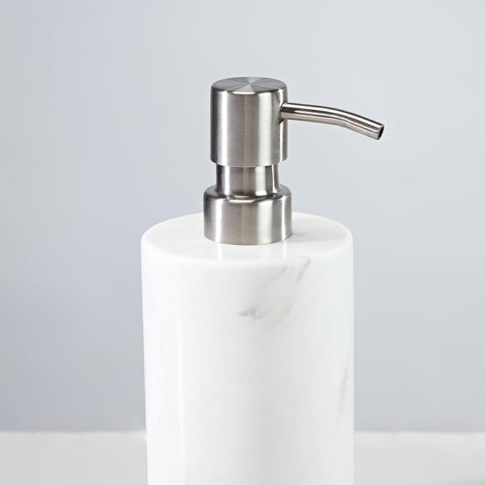 White Marble Soap Dispenser, Cylindrical Reusable Hand Liquid Dispenser with Stainless Steel Pump, Natural Organic Stone Lotion Jar, Premium Bathroom Soap Dispenser for Kitchen, Bathroom, Laundry Room
