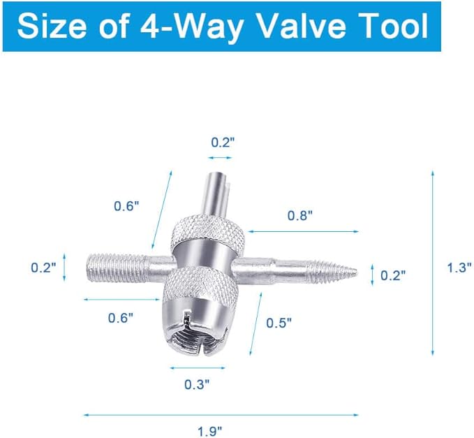 Riseuvo 6Pcs Tire Valve Stem Removal Tool - Single and Double Heads Valve Core Remover, 4-Way Valve Tool Great Tire Repair Tool, 10pcs Valve Stem Caps, 20pcs Valve Stem Core