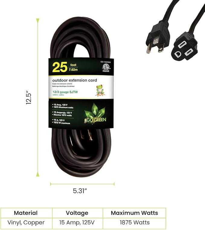Go Green Power Inc. (GG-14025BK) 12/3 SJTW Outdoor Extension Cord, Black, 25 ft