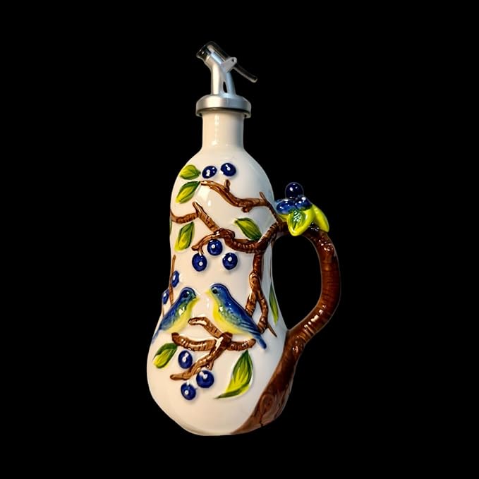 18 oz Hand-Painted Relief Ceramic Olive Oil Bottle Dispenser, with Handle Decorative Olive Oil Dispenser Bottle, for Kitchen Ceramic Oil Vinegar Bottle Seasoning Bottle with Stainless Steel Pour Spout
