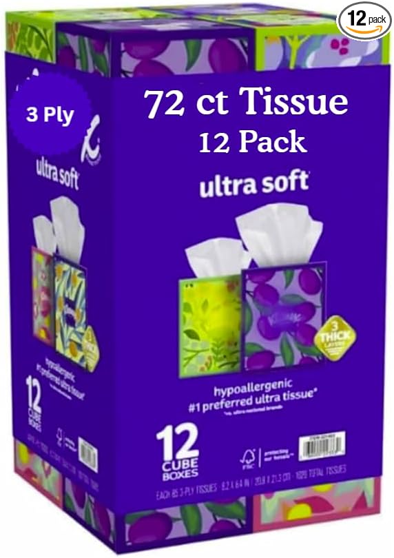 Ultra Soft 3-Ply Facial Tissues, 12 Cube Boxes (72 tissues/box, 12 boxes)