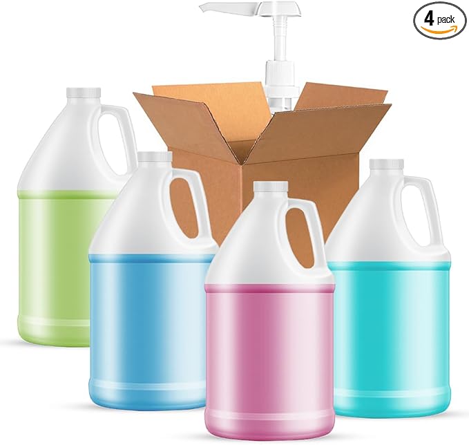 1-Gallon Plastic Jug (4-Pack) Reusable w/Shipping Box, Food-Safe, BPA Free | Heavy-Duty HDPE Containers for Water, Sauces, Soaps, Detergents, Liquids | Screw-On Cap transparent