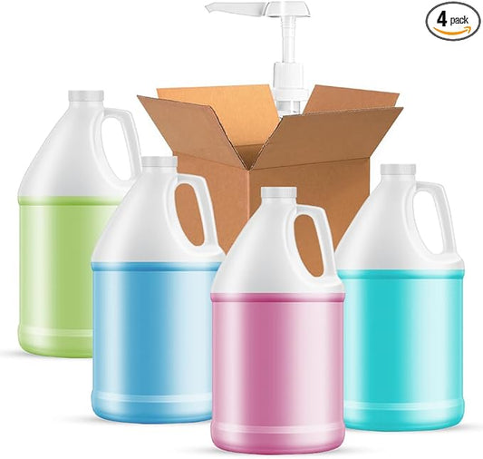1-Gallon Plastic Jug (4-Pack) Reusable w/Shipping Box, Food-Safe, BPA Free | Heavy-Duty HDPE Containers for Water, Sauces, Soaps, Detergents, Liquids | Screw-On Cap transparent