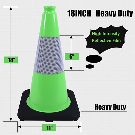 BESEA 8Pack 18" inch Traffic Cones Green Safety Cones PVC Construction Cones with 6 inch Reflective Collar for Home Driveway Road Parking Use(8 Cones)