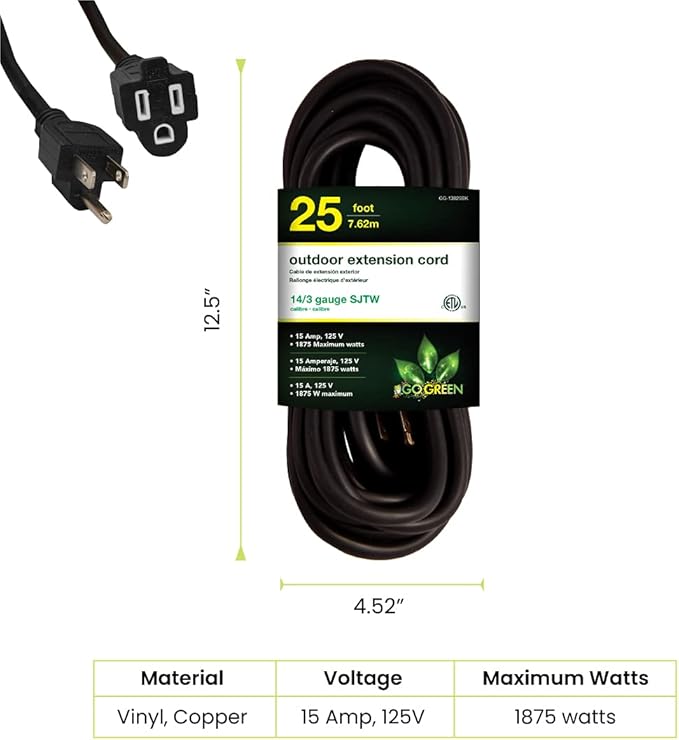 Go Green Power Inc. GG-13825BK - 14/3 SJTW Outdoor Extension Cord, Black, 25 ft