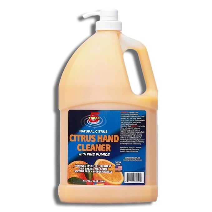 Force 5 - Citrus Hand Cleaner for Mechanics – Heavy-Duty Mechanic Soap with Natural Pumice. Quickly Remove Removes Dirt, Grease and Grime – Natural Citrus Scent. (96oz).