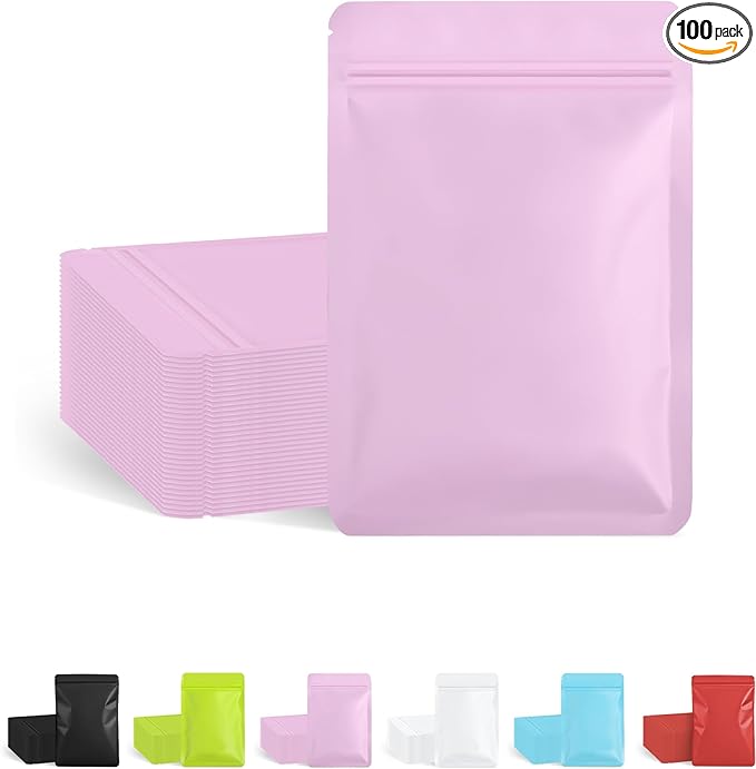 FireKylin 100 Pack Resealable Packaging Bags for Small Business Double-Sided Color Smell Proof Bags for Food Storage Flat Bags (Pink, 4.7" x 7.1")