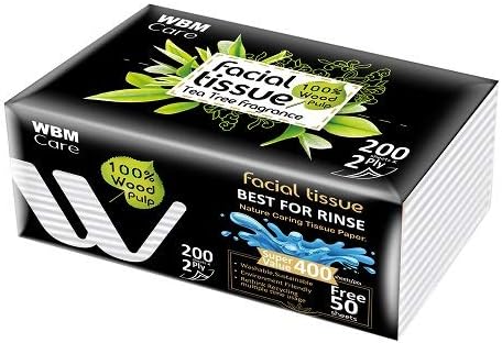 WBM Care Professional Facial Tissue with Tea Tree Fragrance, Pack of 10 Boxes per Case, 200 Sheets per Box, for a Total of 2,000 Soft and Refreshing Tissues