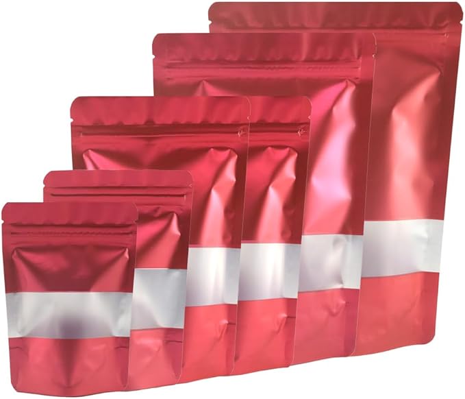 4CP 100 Pcs Red Zipper Smell Proof Bags with Window, 6.3x9.5 Inch Stand Up Foil Pouches for Food Selfsealing Storage, Reusable Bag for Packaging Small Business, Cookies, Nunt, Candy