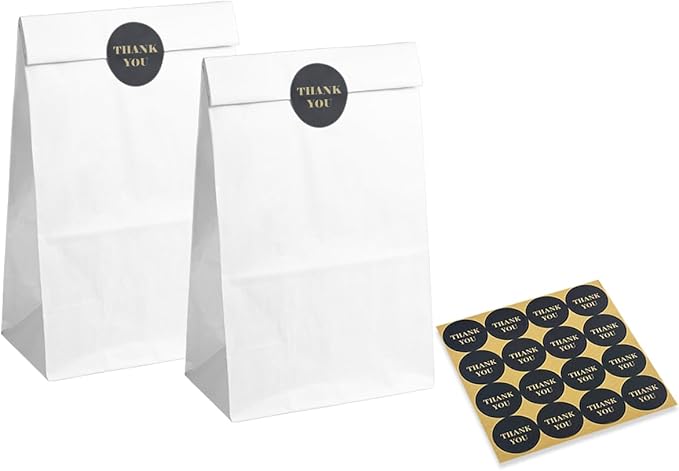 Bakepacker 100 Pcs White Treat Paper Bags with 100 Stickers 5.1"x3.1"x9.4" Small Party Gift Bag Snack Bag without Handle