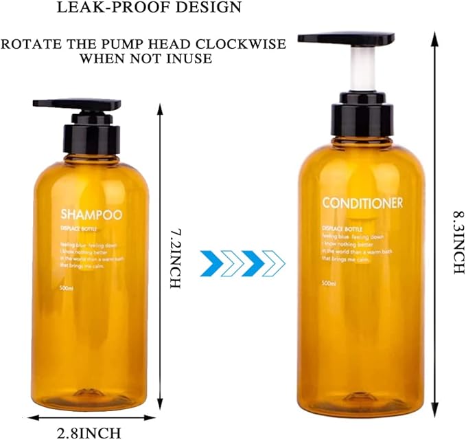 3 Pack Shampoo Bottle Pump Dispenser, 500ml Empty Plastic Soap Dispenser Bottle with Pump for Bathroom, Kitchen or Hotel, Refillable Dispenser for Lotion, Shower Gel and Conditioner (Amber-FBM)