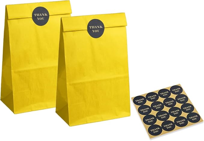 Bakepacker 100 Pcs Bright YellowTreat Paper Bags with 100 Stickers 5.1"x3.1"x9.4" Small Party Gift Bag Snack Bag without Handle